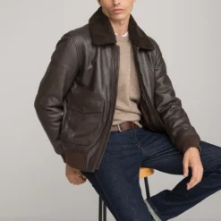 Blouson Aviateur En Cuir Lisse Col Sherpa