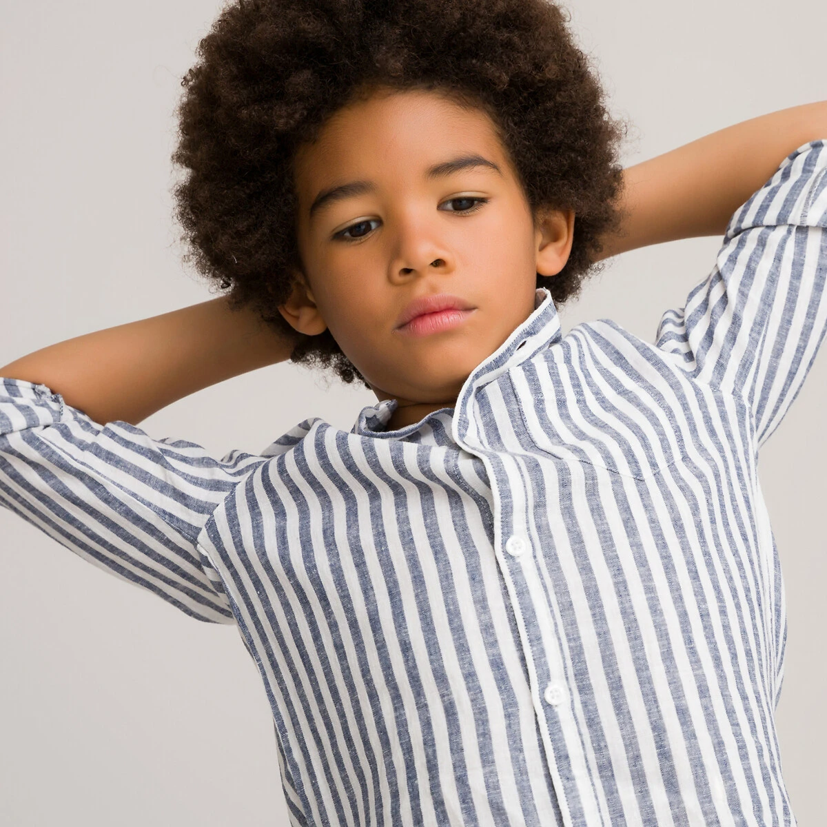 Chemise Col Mao Rayée, Lin Mélangé 3-12 Ans 1 Chemise Col Mao Rayée, Lin Mélangé 3-12 Ans