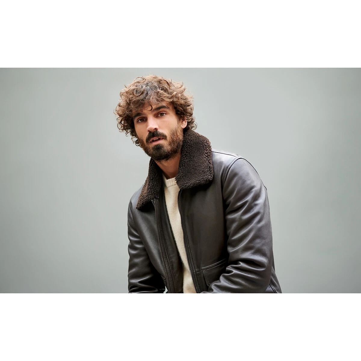 Blouson Aviateur En Cuir Lisse Col Sherpa 7 Blouson Aviateur En Cuir Lisse Col Sherpa – Image 7