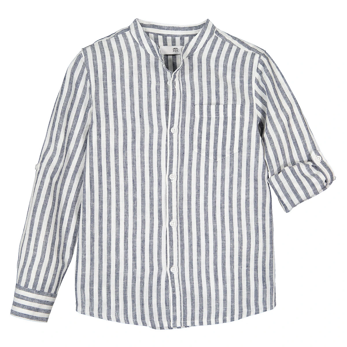 Chemise Col Mao Rayée, Lin Mélangé 3-12 Ans 4 Chemise Col Mao Rayée, Lin Mélangé 3-12 Ans – Image 4