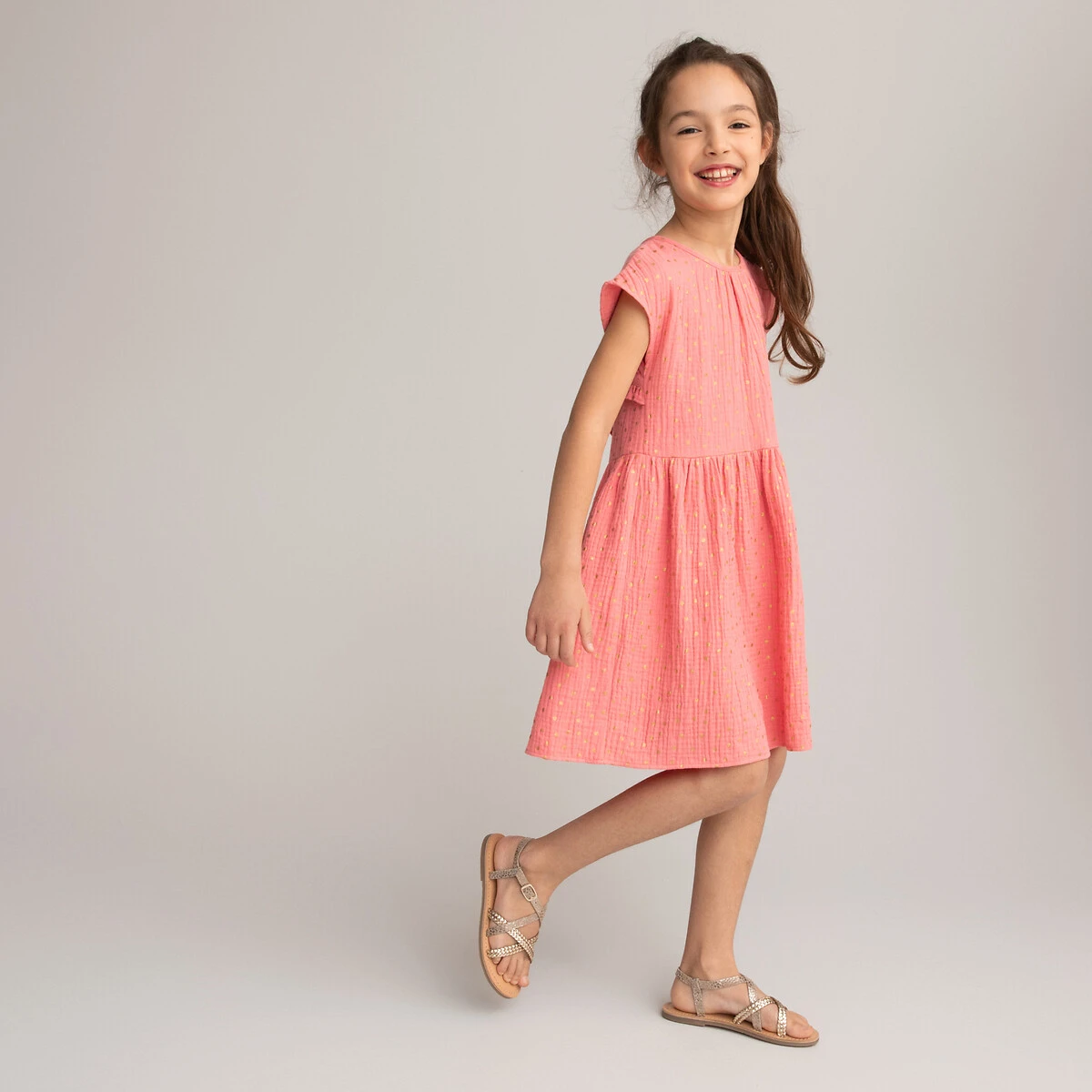 Robe Manches Courtes, Gaze De Coton, Imprimé Pois 2 Robe Manches Courtes, Gaze De Coton, Imprimé Pois – Image 2