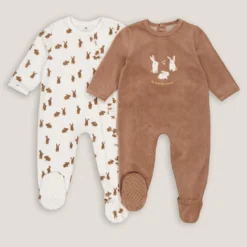 Lot De 2 Pyjamas 1 Pièce En Velours, Motif Lapins