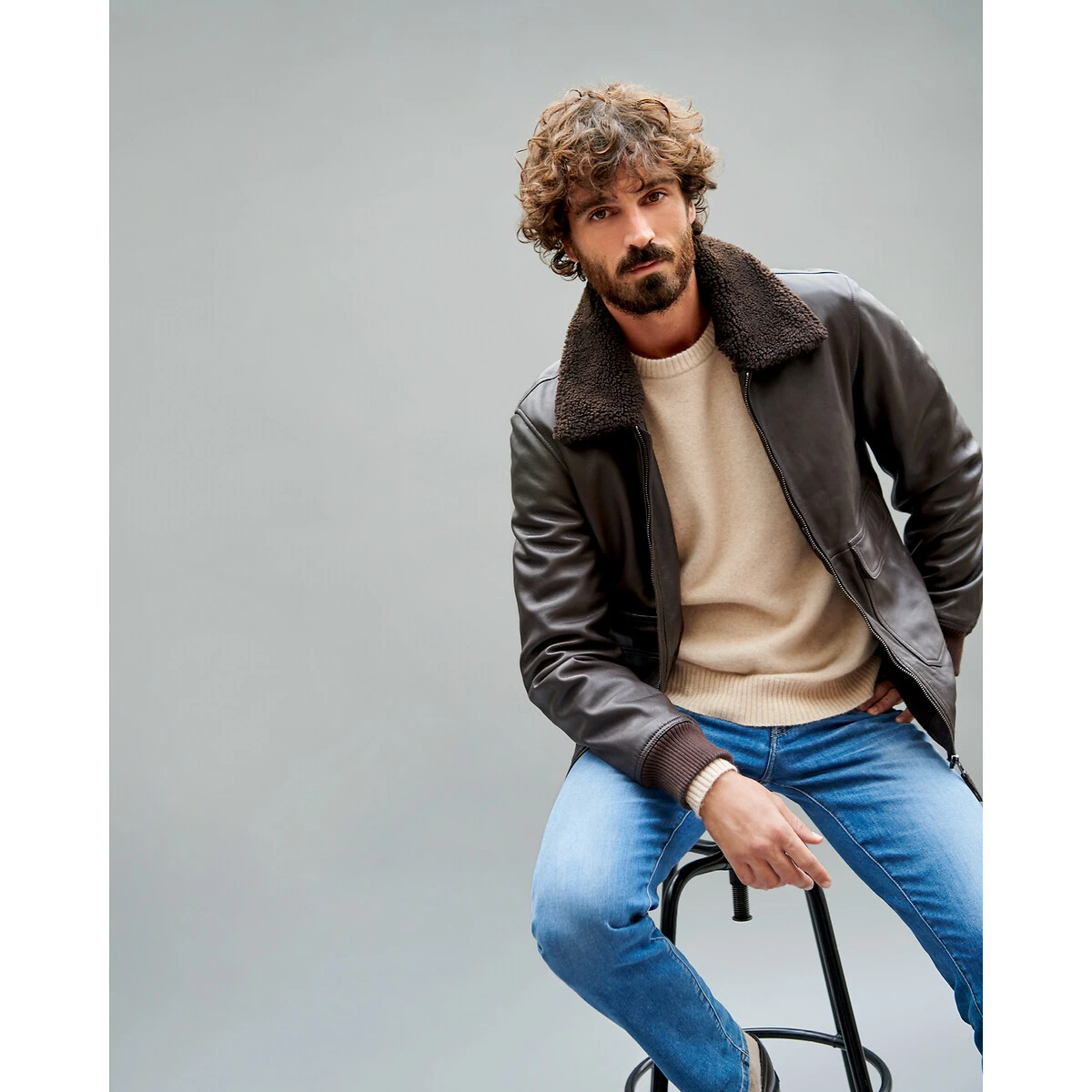 Blouson Aviateur En Cuir Lisse Col Sherpa 6 Blouson Aviateur En Cuir Lisse Col Sherpa – Image 6