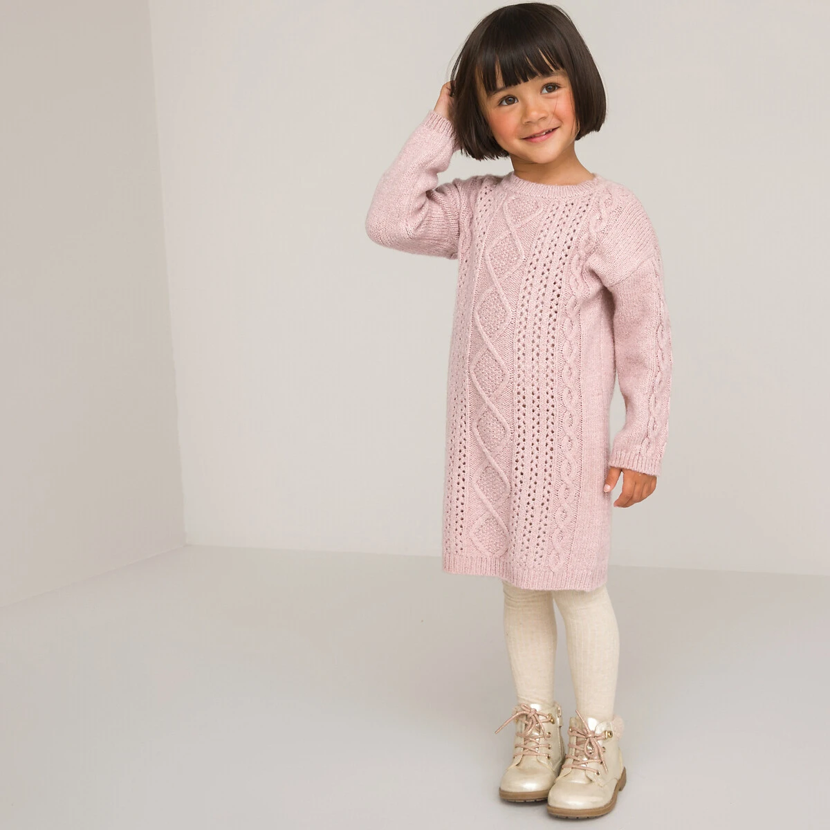 Robe-pull Droite Manches Longues, Maille Torsadée 1 Robe-pull Droite Manches Longues, Maille Torsadée