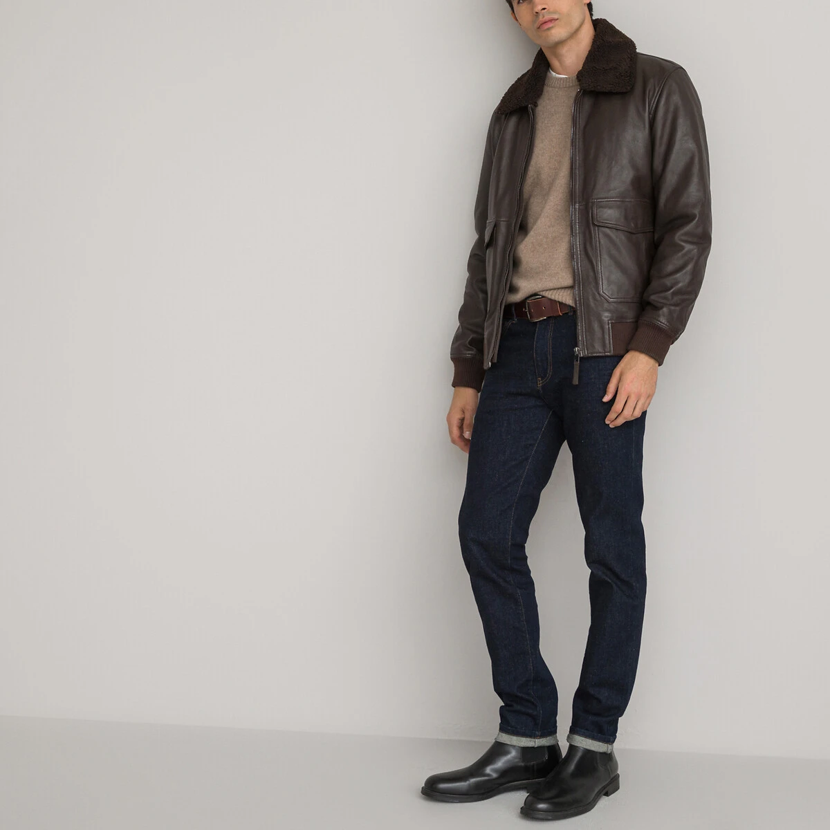 Blouson Aviateur En Cuir Lisse Col Sherpa 2 Blouson Aviateur En Cuir Lisse Col Sherpa – Image 2