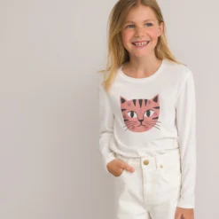 T-shirt Manches Longues, Motif Tête De Chat